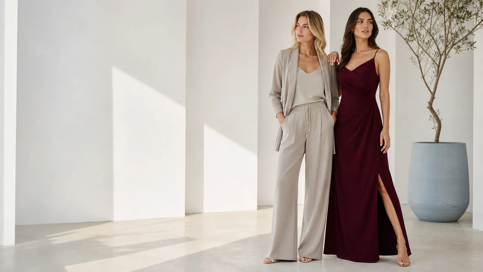 Two women wearing a tailored lounge set and burgundy evening dress in a bright studio